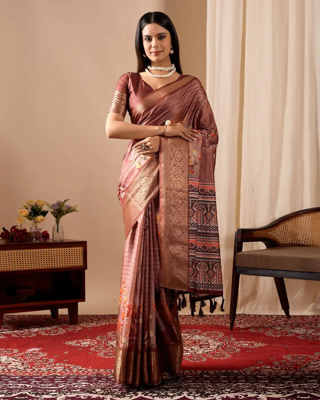 Floral Lichi Silk Saree with Zari Border