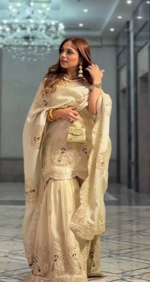 Embroidered Chinnon Silk Palazzo Suit Set