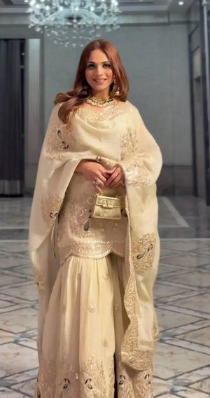Embroidered Chinnon Silk Palazzo Suit Set