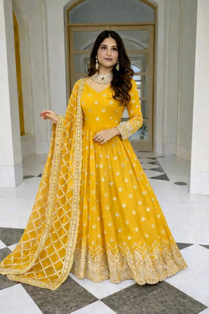 Embroidered Faux Georgette Gown Set with Dupatta