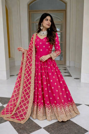 Embroidered Faux Georgette Gown Set with Dupatta