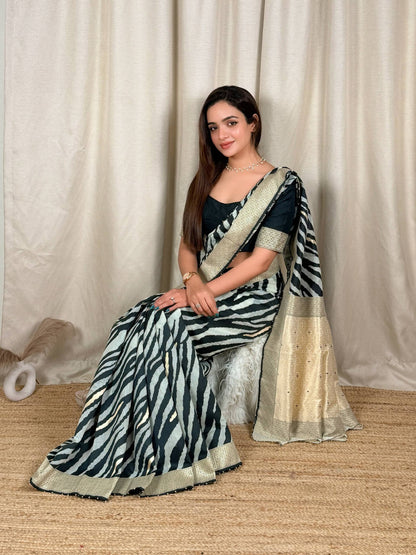 Zebra Print Zari Border Saree