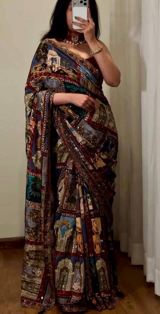 Steel Blue Kalamkari Print Saree
