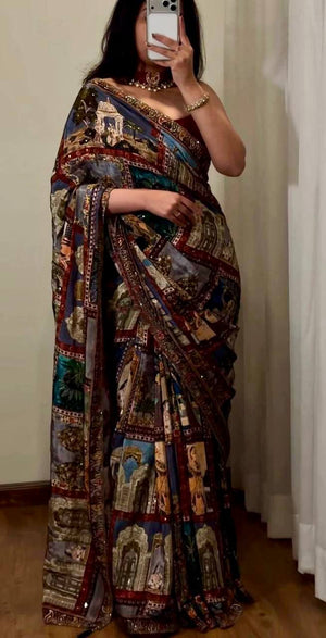 Steel Blue Kalamkari Print Saree