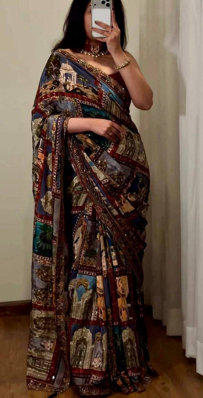 Steel Blue Kalamkari Print Saree