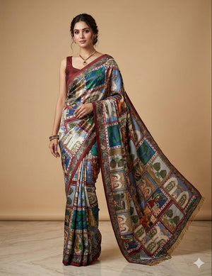 Steel Blue Kalamkari Print Saree