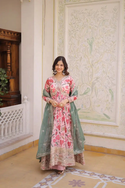 Printed Russian Silk Anarkali Gown with Embroidered Dupatta for Festive and Party Wear