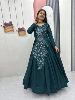 Embroidered Vichitra Silk Flared Gown for Festive and Party Wear