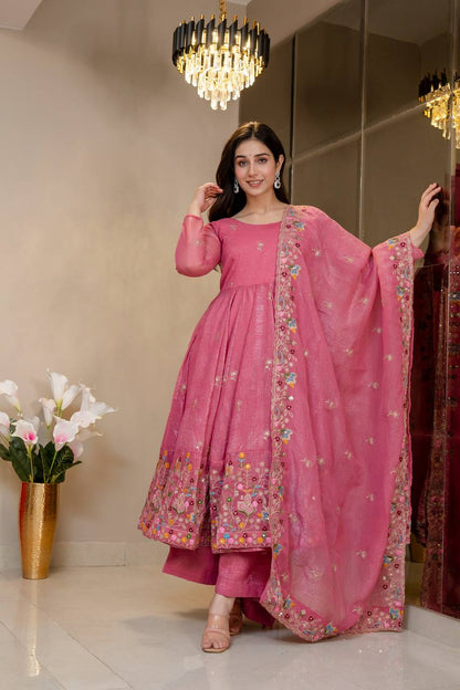 Embroidered Crunchy Silk Gown Sharara Set with Dupatta
