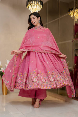 Embroidered Crunchy Silk Gown Sharara Set with Dupatta