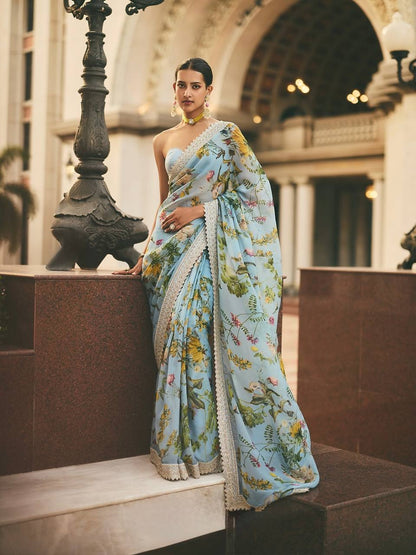 Blue Floral Print Saree