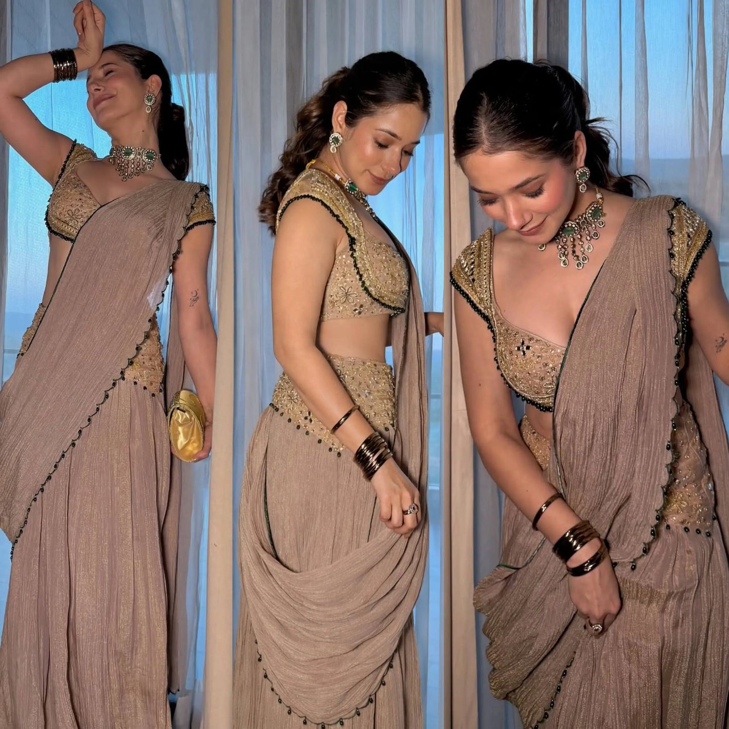 Ready to Wear Crushed Faux Georgette Mirror Work Saree for Wedding and Party Wear