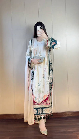 Ivory Sequin Applique Kaftan Set