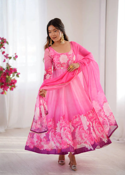 Soft Organza Silk Floral Anarkali Set with Gota Patti Dupatta