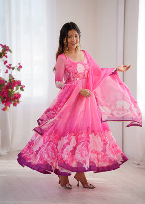Soft Organza Silk Floral Anarkali Set with Gota Patti Dupatta