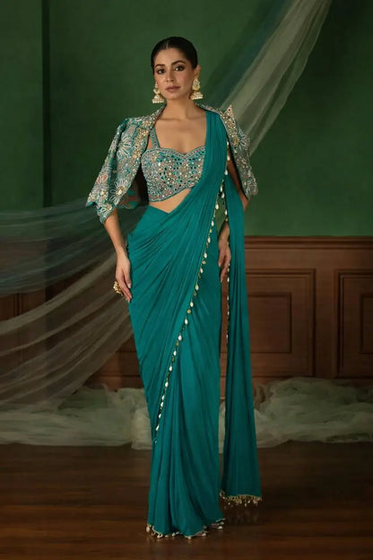 Ready to Wear Crepe Silk Saree with Embroidered Jacket and Blouse