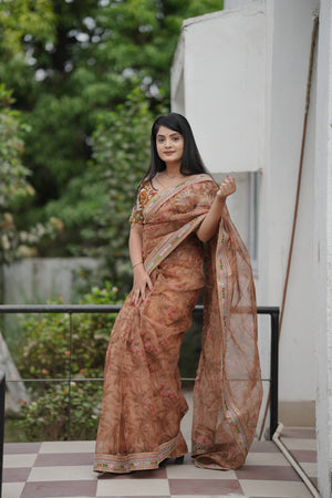 Rust Organza Floral Print Saree