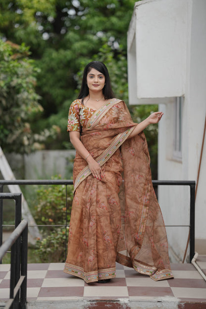 Rust Organza Floral Print Saree