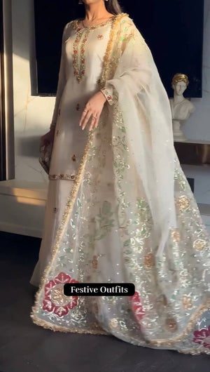 Ivory Zari Embroidered Palazzo Suit