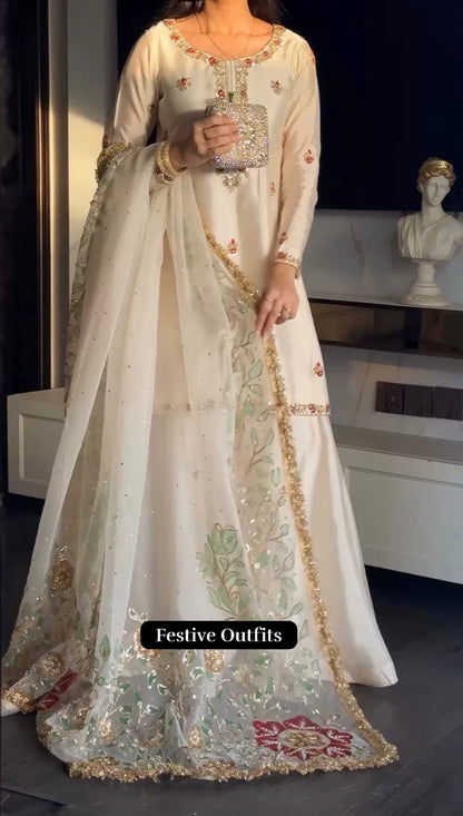 Ivory Zari Embroidered Palazzo Suit