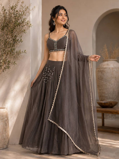 Pearl Trim Organza Lehenga Set