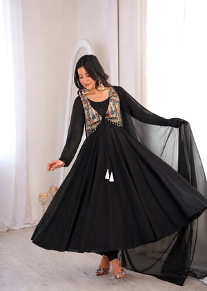 Black Printed Koti Anarkali Gown
