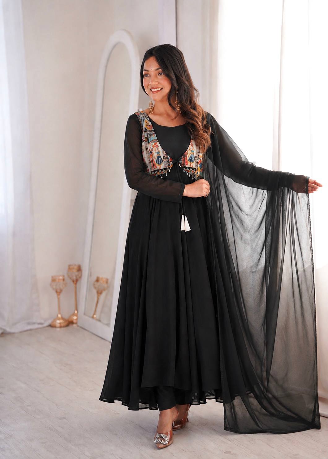Black Printed Koti Anarkali Gown