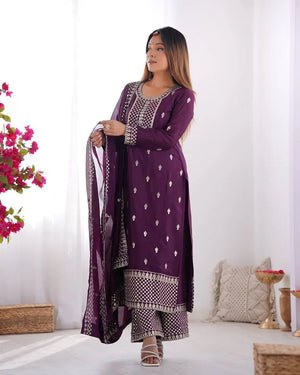 Pure Chinon Silk Embroidered Suit Set with Lace Dupatta