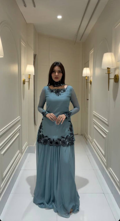 Slate Blue Beadwork Sharara Set