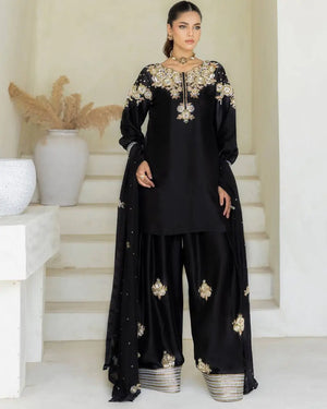 Black Crape Silk Embroidered Suit Set with Palazzo & Georgette Dupatta