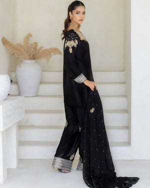 Black Crape Silk Embroidered Suit Set with Palazzo & Georgette Dupatta