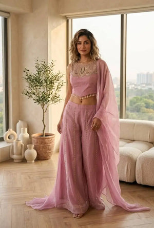 Mustard Viscose Satin Beadwork Sharara Set