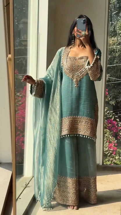 Embroidered Crunchy Fabric Kurta Palazzo Set with Dupatta for Festive Wear