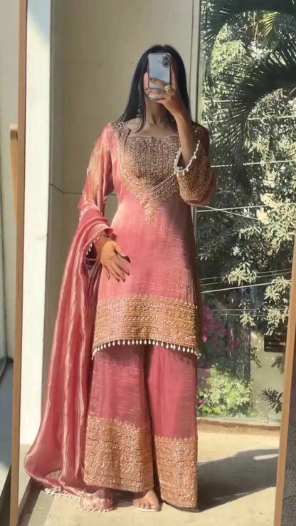 Embroidered Crunchy Fabric Kurta Palazzo Set with Dupatta for Festive Wear