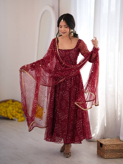 Maroon Georgette Bandhani Print Anarkali Gown