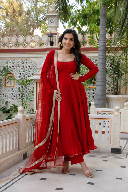 Red Mirror Trim Anarkali Gown