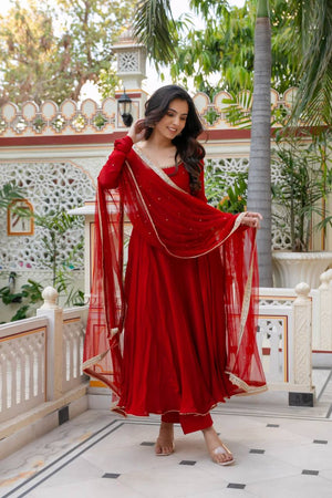 Red Mirror Trim Anarkali Gown