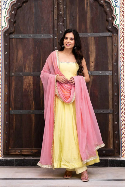 Yellow Lace Trim Anarkali Gown