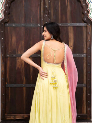 Yellow Lace Trim Anarkali Gown