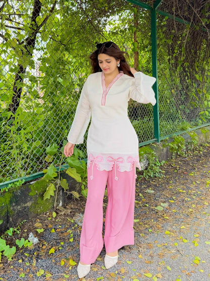 Ivory Pink Bow Embroidered Set