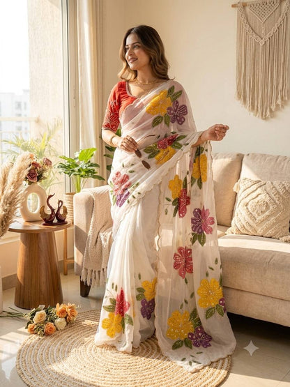 Ivory Floral Beaded Saree