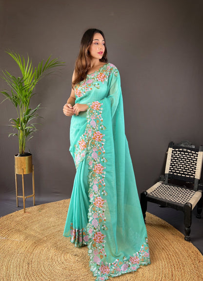 Floral Cross-Stitch Border Saree
