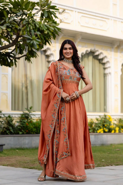 Embroidered Vichitra Silk Gown with Dupatta for Festive and Party Wear