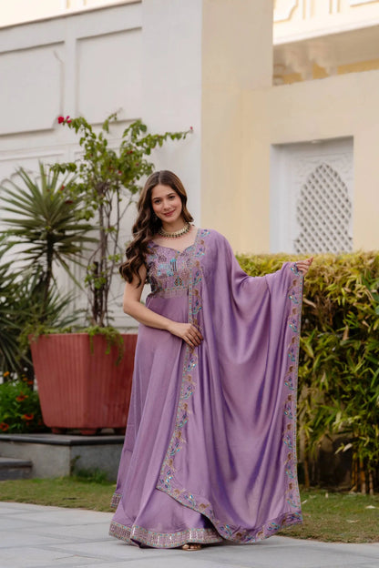 Embroidered Vichitra Silk Gown with Dupatta for Festive and Party Wear