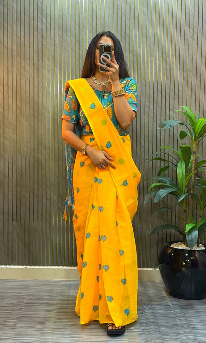Marigold Kalamkari Gown Saree