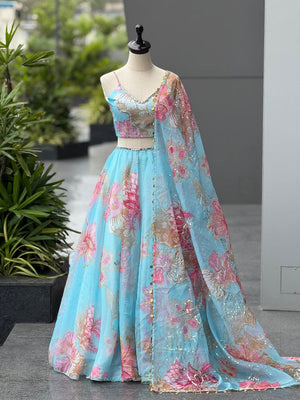 Sky Blue Floral Organza Lehenga Set