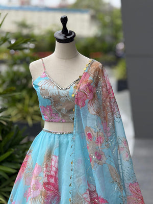 Sky Blue Floral Organza Lehenga Set