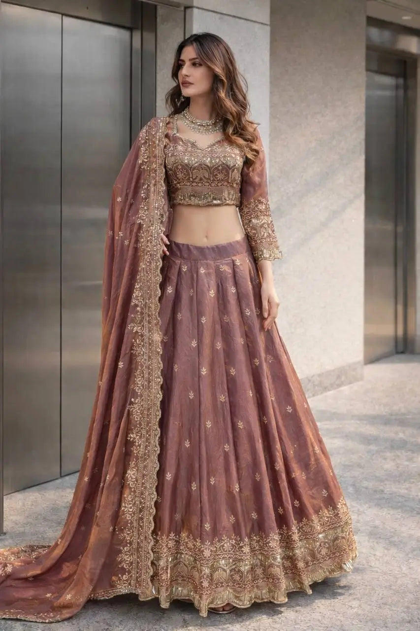 Two Tone Fandy Silk Embroidered Lehenga Choli Set for Wedding and Festive Wear