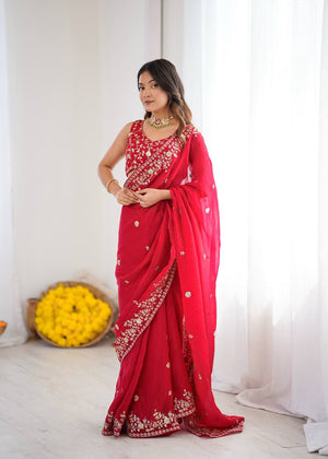 Crimson Red Silk Sequin Embroidered Saree