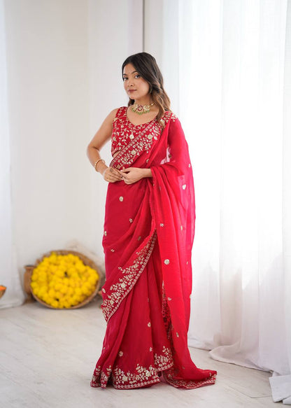 Crimson Red Silk Sequin Embroidered Saree